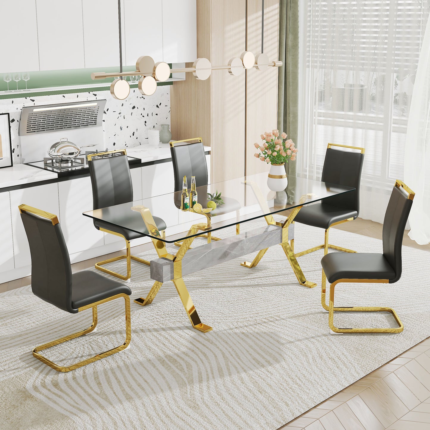 Dining table. Modern tempered glass dining table. Large modern office desk with gold plated metal legs and MDF crossbars, suitable for both home and office use. Kitchen. 79 ''x39''x30 '' 1105