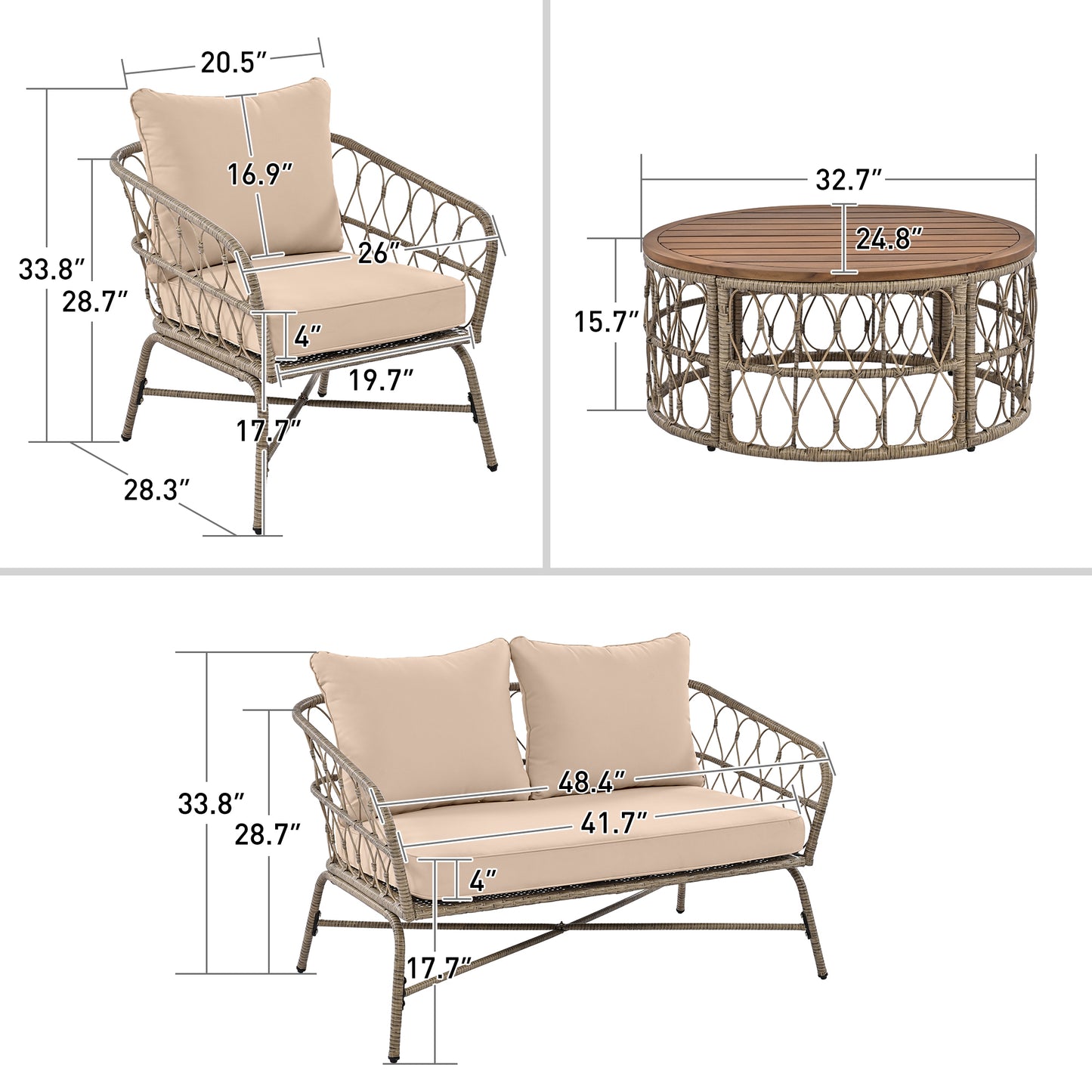 Bohemia-Inspired 4-Person Outdoor Seating Group - Removable Cushions and Wood Tabletop, Beige Conversation Patio Set