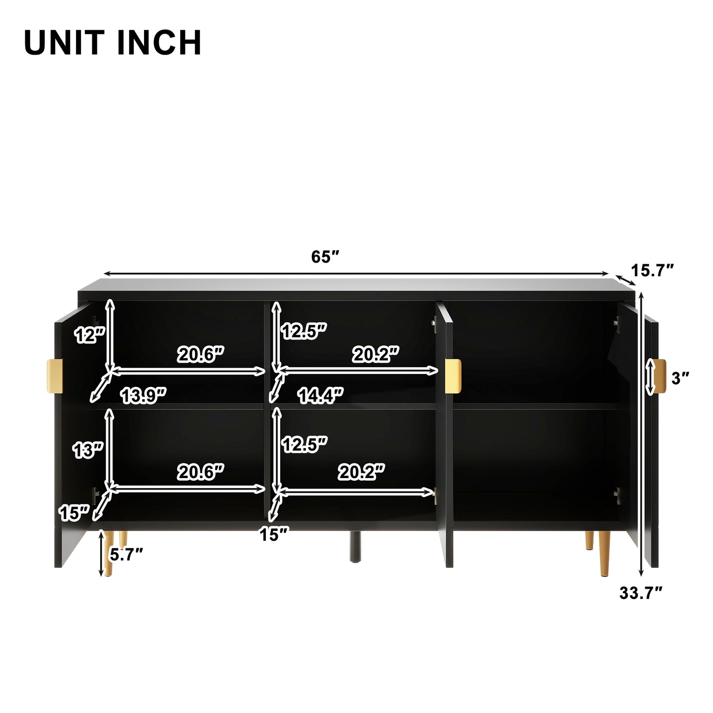 U-Can Modern TV Stand with 3 Doors and Adjustable Shelves for Living Room, Fits TVs Up to 70 Inches, Black