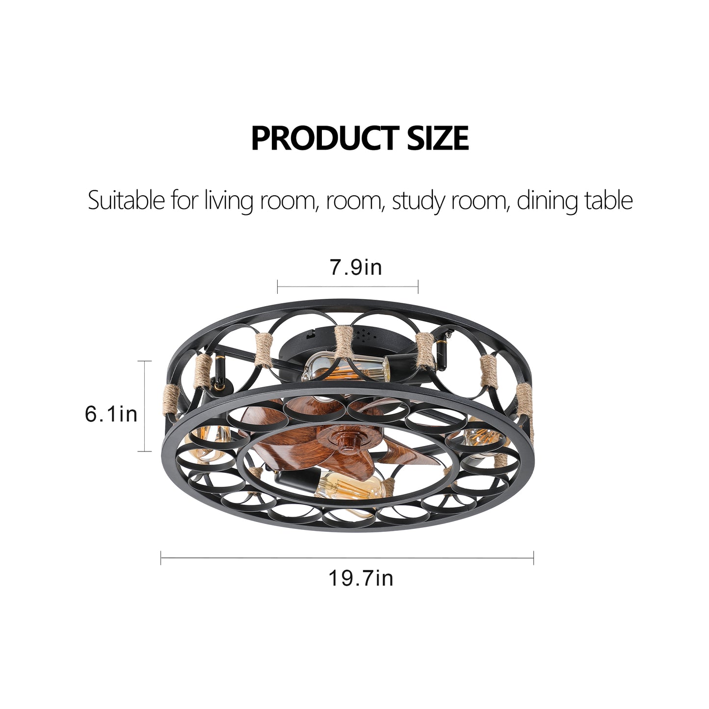 Flush Mount Caged Ceiling Fan with Lights - 6-Speed Reversible Blades & Remote Control, 5 LED Bulbs Included