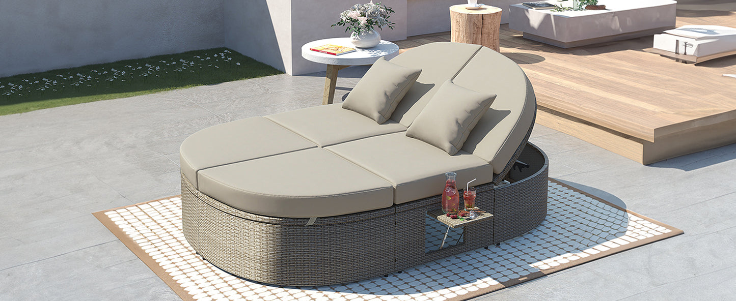 TOPMAX Lit de bronzage d'extérieur pour 2 personnes avec coussins et oreillers, chaise longue inclinable de jardin en rotin avec dossiers réglables et plateaux à tasses pliables pour pelouse, bord de piscine, gris