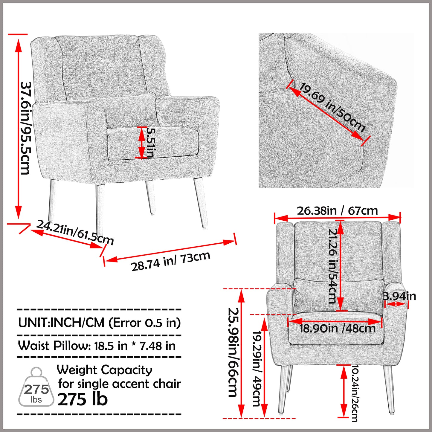 Chaise d'appoint moderne, fauteuils en chenille pour salon, fauteuil moderne rembourré, chaise longue rembourrée et confortable dans un petit espace, chambre à coucher, avec oreiller, pieds en bois massif (gris)