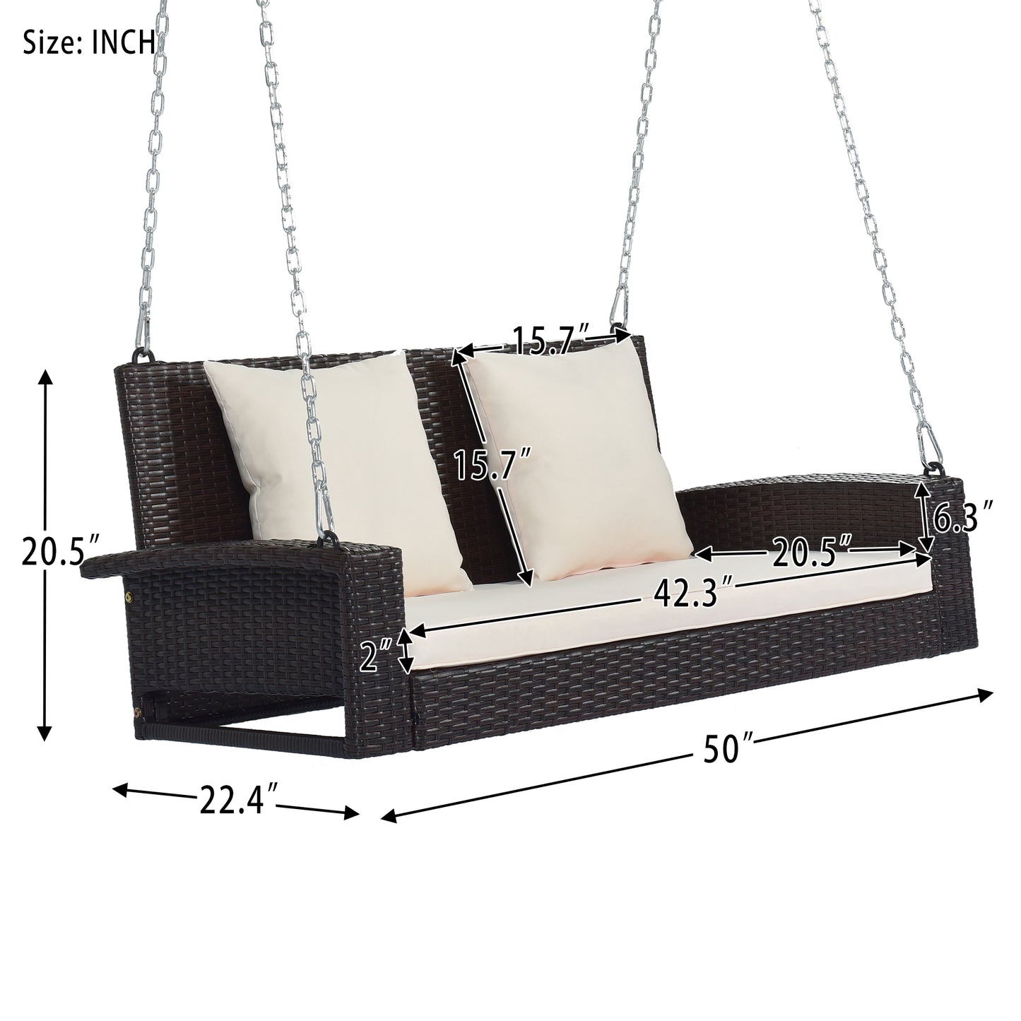 GO 2-Person Wicker Hanging Porch Swing with Chains, Cushion, Pillow, Rattan Swing Bench for Garden, Backyard, Pond. (Brown Wicker, Beige Cushion)