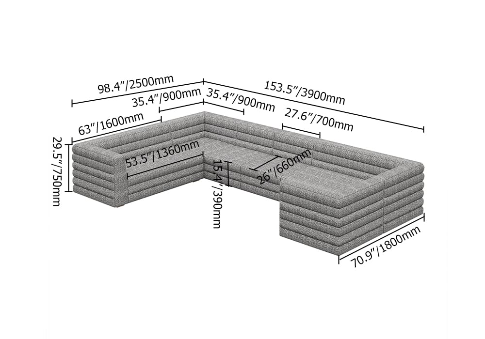 126 Inches U-Shaped Modern Gray Boucle Modular Sectional Sofa for 8 Seaters