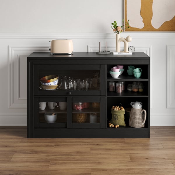 Black Storage Sideboard Cabinet Extendable Wood Buffet Foldable Dining Table