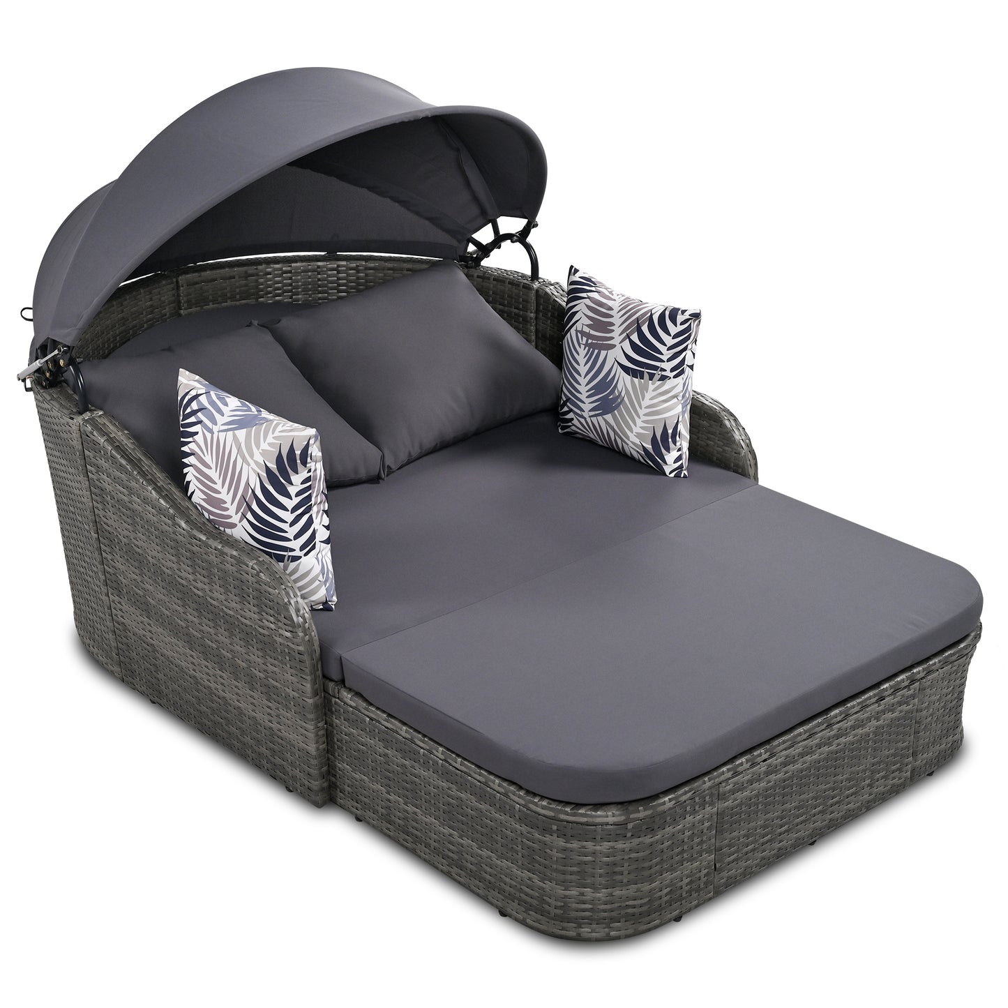 79.9” Outdoor Sunbed with Adjustable Canopy: Double Lounge PE Rattan Daybed in Gray Wicker with Comfortable Cushions for Ultimate Relaxation