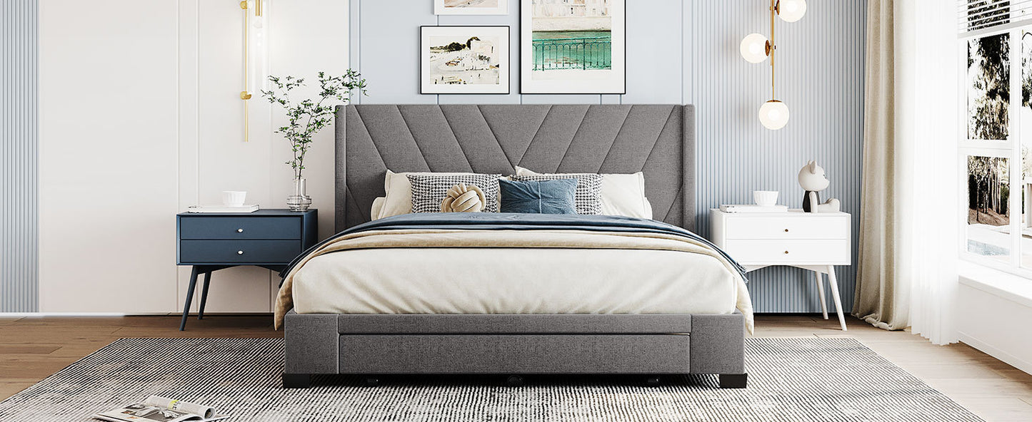 Queen Size Storage Bed Linen Upholstered Platform Bed with 3 Drawers (Gray)