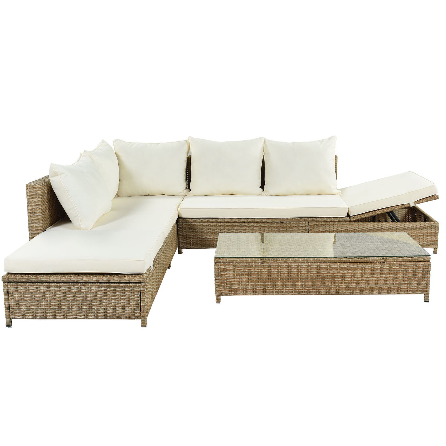 TOPMAX Ensemble de canapé 3 pièces en rotin pour patio, ensemble sectionnel en osier PE résistant aux intempéries, avec cadre de chaise longue réglable et table en verre trempé, marron naturel + coussin beige