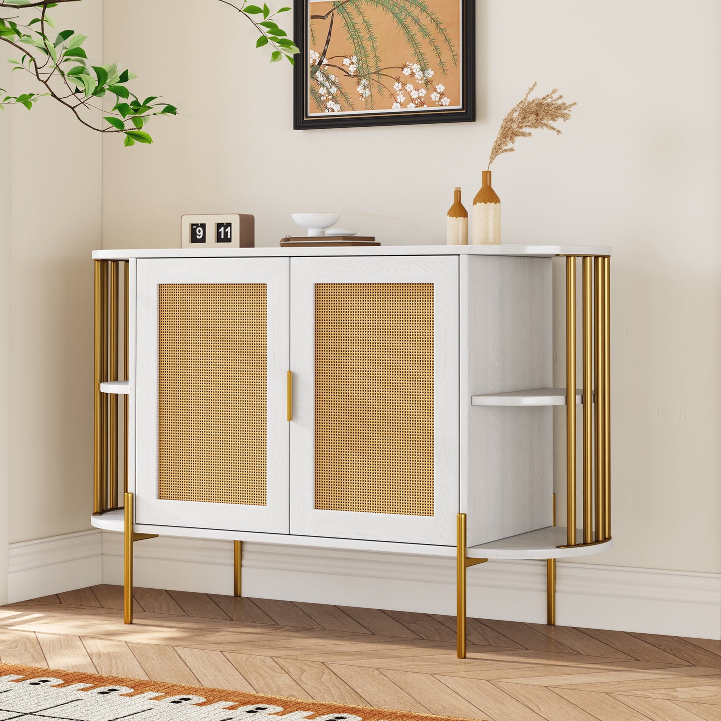 TREXM 2-Door Elegant Curved Dining Cabinet with Gold Trim and Woven Rattan Doors for Dining Room (White)