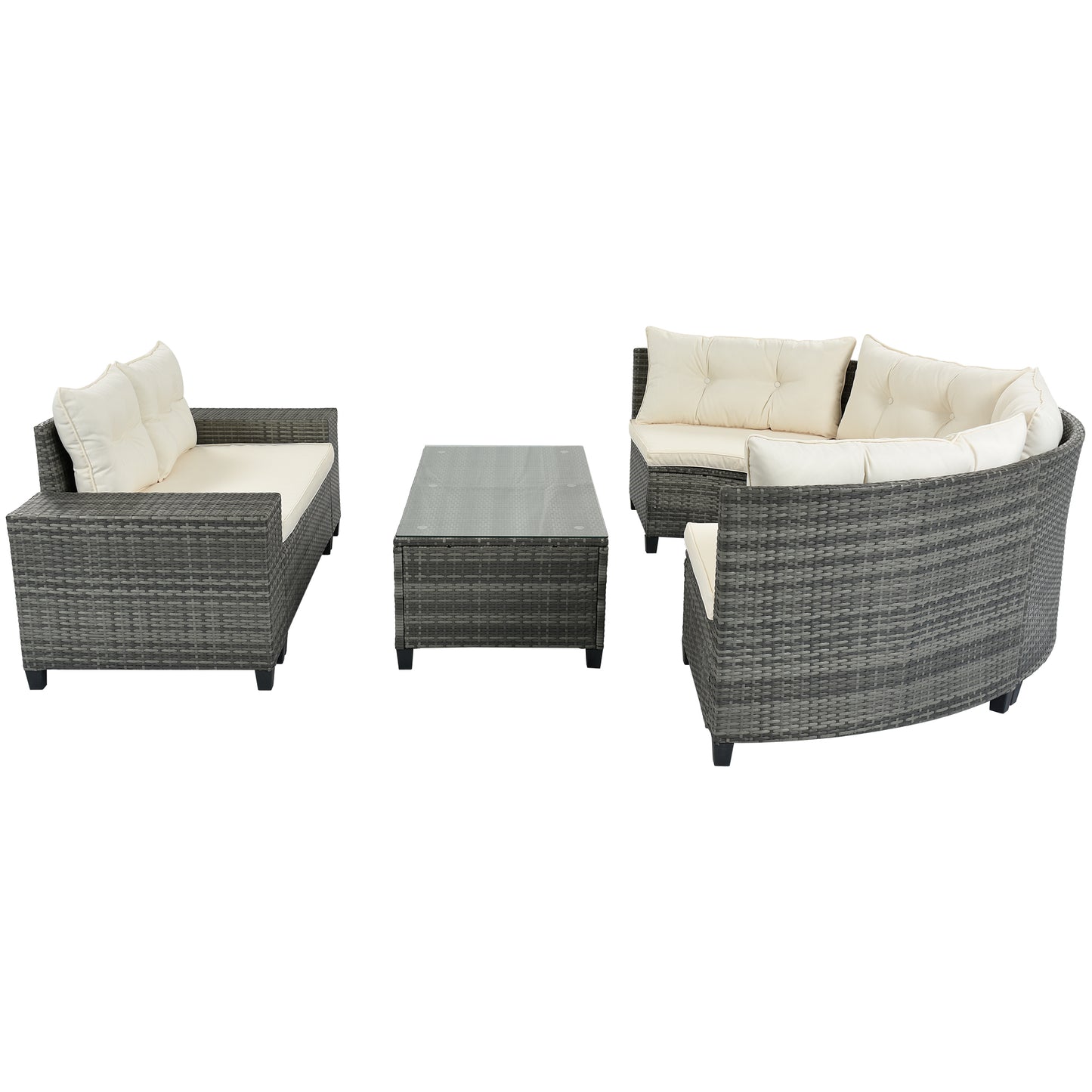 GO 8-pieces Outdoor Wicker Round Sofa Set, Half-Moon Sectional Sets All Weather, Curved Sofa Set With Rectangular Coffee Table, PE Rattan Water-resistant and UV Protected, Movable Cushion, Beige