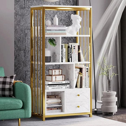 Modern White Bookshelf Wood Book Shelf with 2 Drawers in Gold Metal Frame