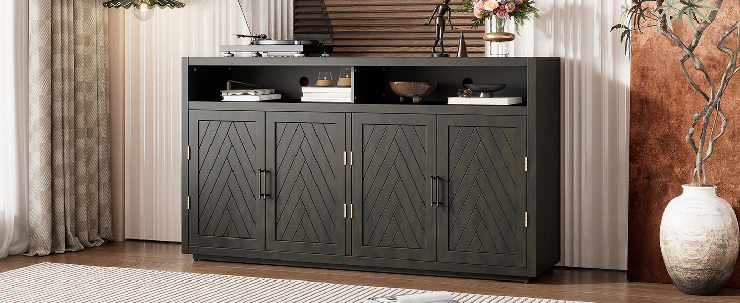 TREXM 4-door Classic Sideboard with Open Storage and Adjustable Shelves Perfect for kitchens,  living rooms (Grey Brown)