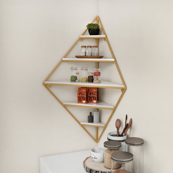 Modern Corner Wall Shelves Triangle Floating Shelves in Gold & White