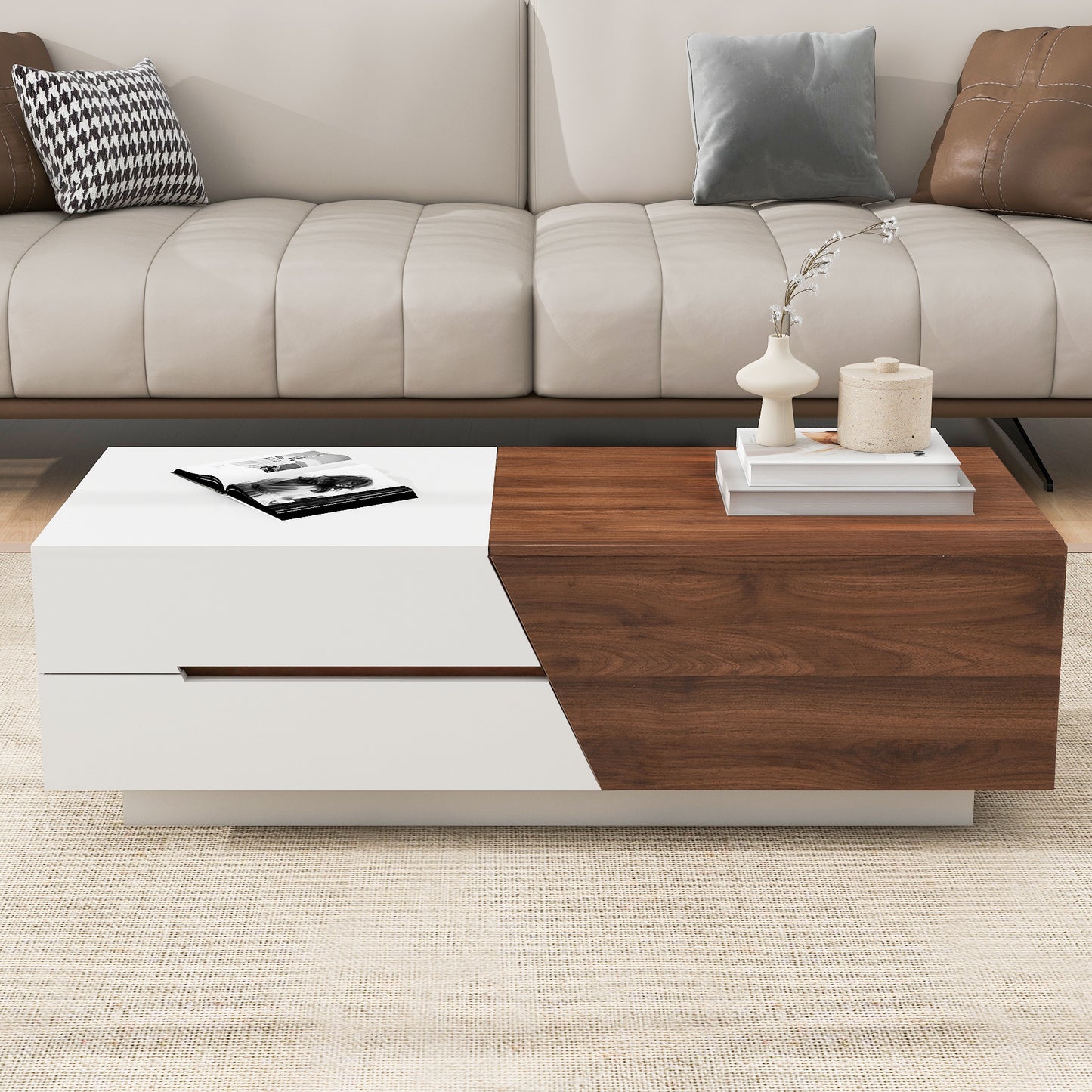 Modern Extendable Sliding Top Coffee Table with Storage in White&Walnut