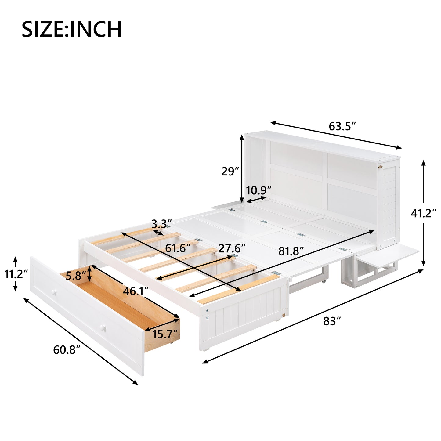 Lit escamotable mobile Queen Size avec tiroir et petites étagères de chaque côté, blanc