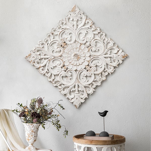 22" French Country Square Wood Wall Decor Distressed White Carved Flower for Living Room