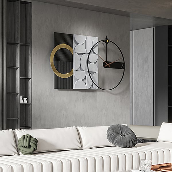 Grande horloge murale géométrique en métal de 30 pouces avec pointeur en bois, décoration d'intérieur moderne, noir et gris 