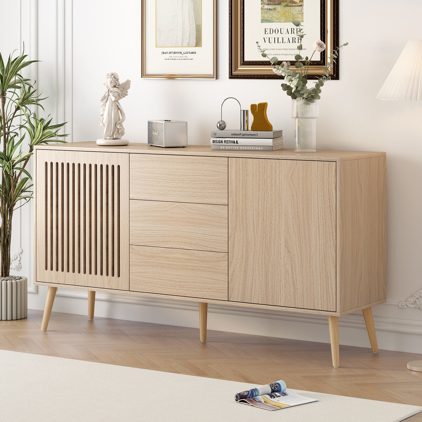 U_Style Modern Cabinet with 2 Doors and 3 Drawers, Suitable for Living Rooms, Studies, and Entrances.