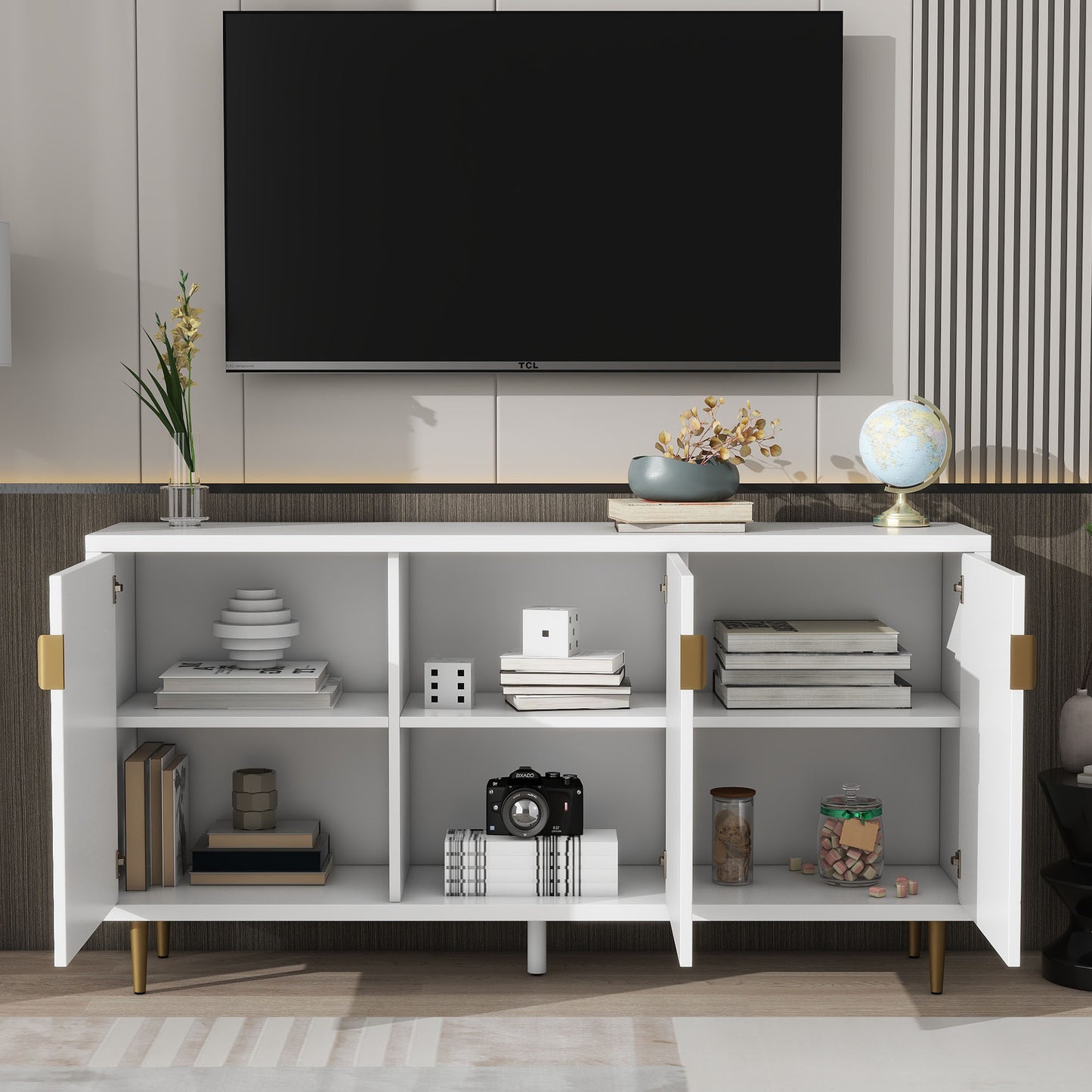 U-Can Modern TV Stand with 3 Doors and Adjustable Shelves for Living Room, Fits TVs Up to 70 Inches, White