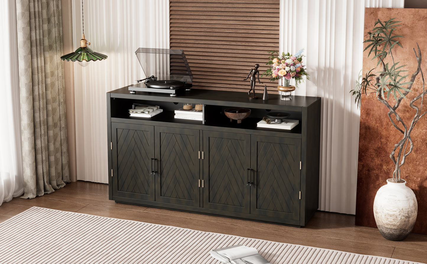 TREXM 4-door Classic Sideboard with Open Storage and Adjustable Shelves Perfect for kitchens,  living rooms (Grey Brown)