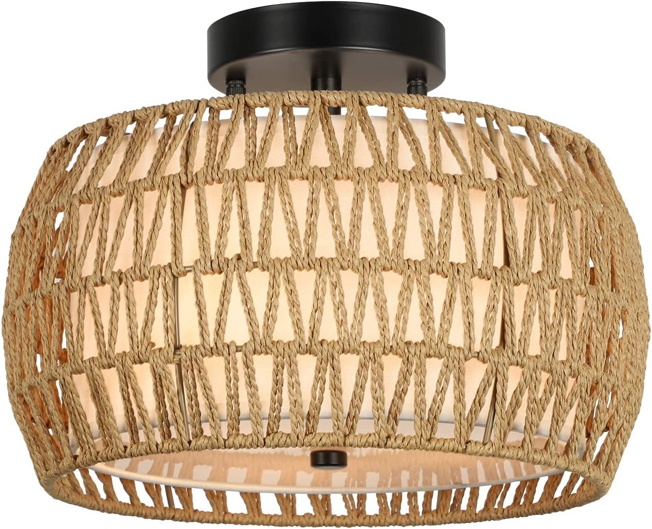 3-Light Woven Rattan Semi Flush Mount Ceiling Light