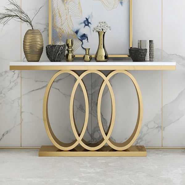 Table console blanche moderne et étroite de 47,2 po avec plateau en faux marbre et base en acier inoxydable