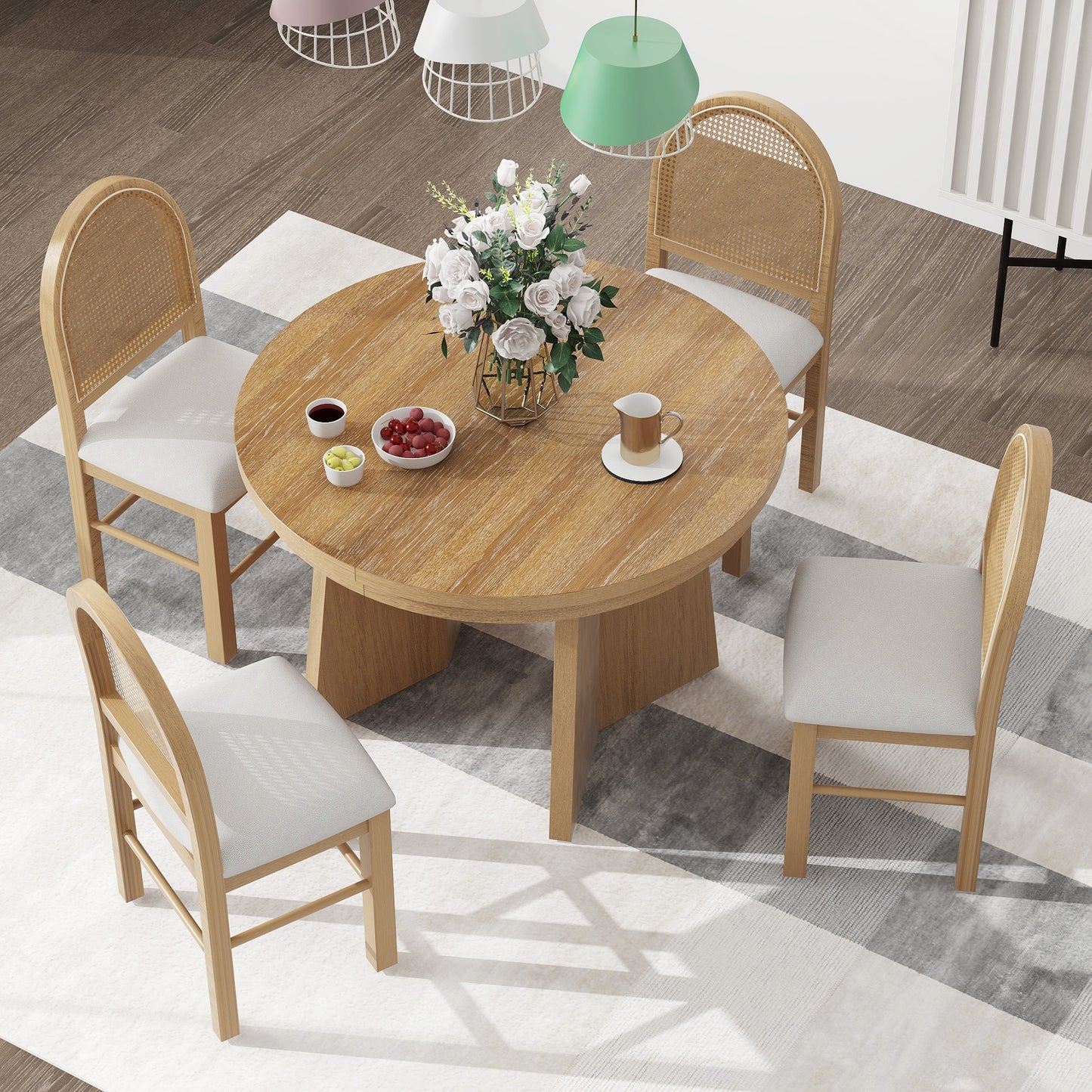 TREXM 5-Piece Retro Functional Dining Set with 1 Extendable Dining Table and 4 Upholstered Chairs with Rattan Backrests for Dining Room and Kitchen (Natural Wood Wash)