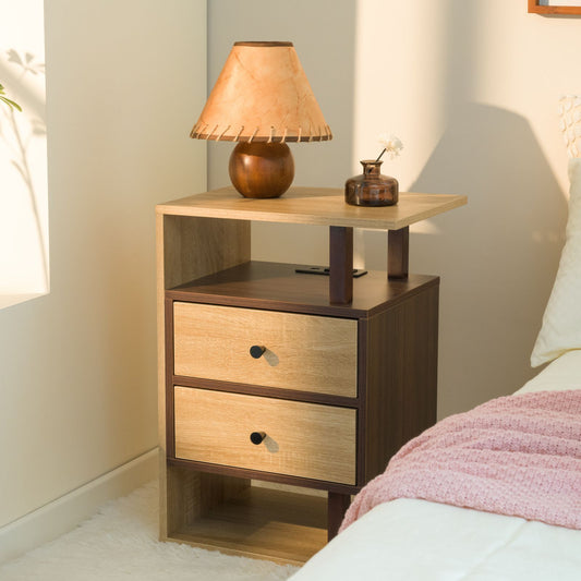 Nightstand with Charging Station Bed Side Table with 2 Drawers Night Stand for Bedroom End Table with USB Ports & Outlets