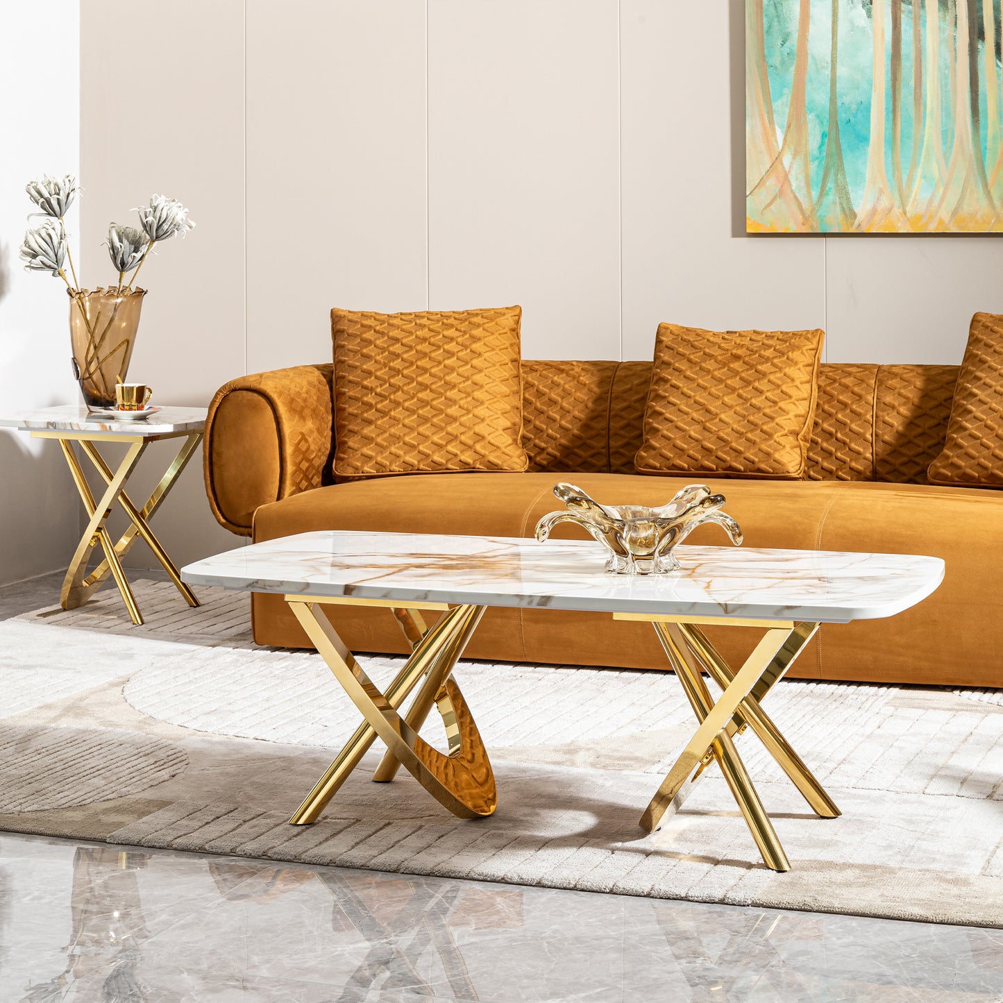 Gold stainless steel marble pattern coffee table 50.78" L x 27.16" W x 18.11" H for living room & office