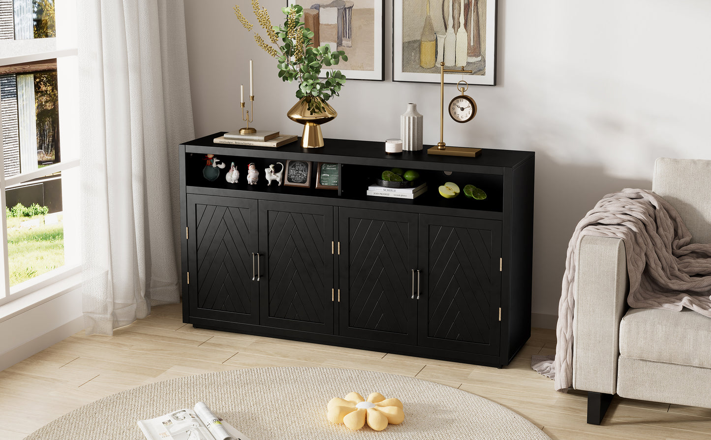 TREXM 4-door Classic Sideboard with Open Storage and Adjustable Shelves Perfect for kitchens,  living rooms (Black)