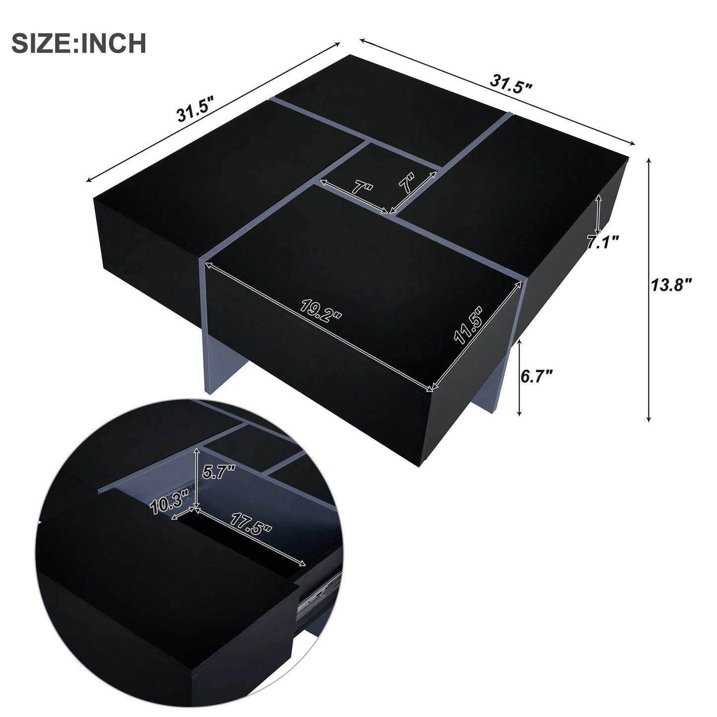 ON-TREND Table basse au design unique avec 4 compartiments de rangement cachés, table de cocktail carrée avec plateau coulissant extensible, table centrale design ultra brillante pour le salon, 80 x 80 cm