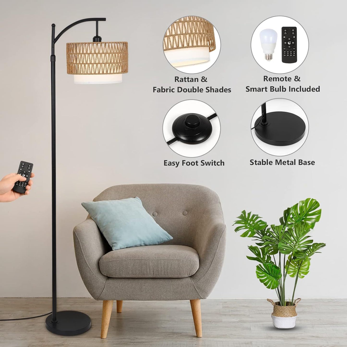 Arc Floor Lamp for Living Room with 3 Color Temperatures, Farmhouse Floor Lamps with Remote & Dimmable Bulb, Boho Standing Lamp with Rattan & Fabric Shades, Adjustable Tall Lamp for Bedroom, Office