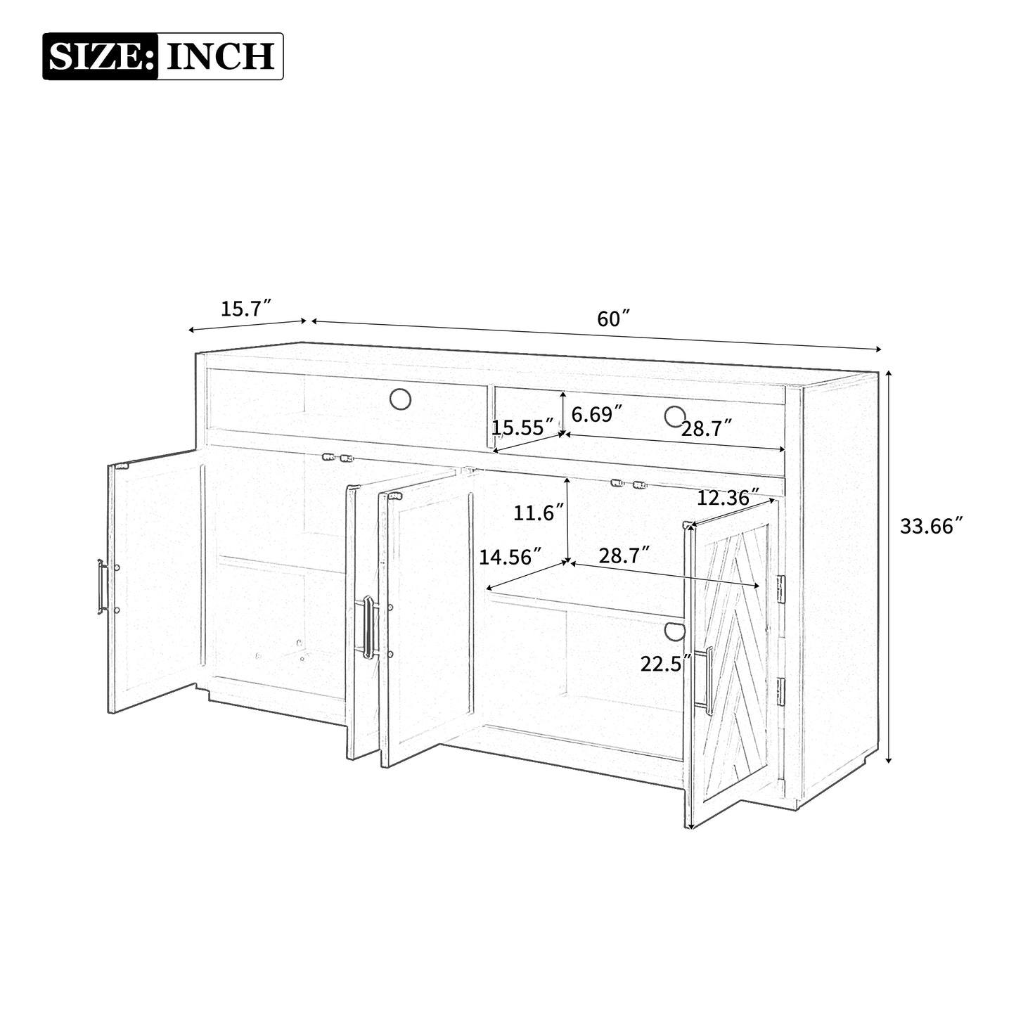 TREXM 4-door Classic Sideboard with Open Storage and Adjustable Shelves Perfect for kitchens,  living rooms (Smoke Blue)