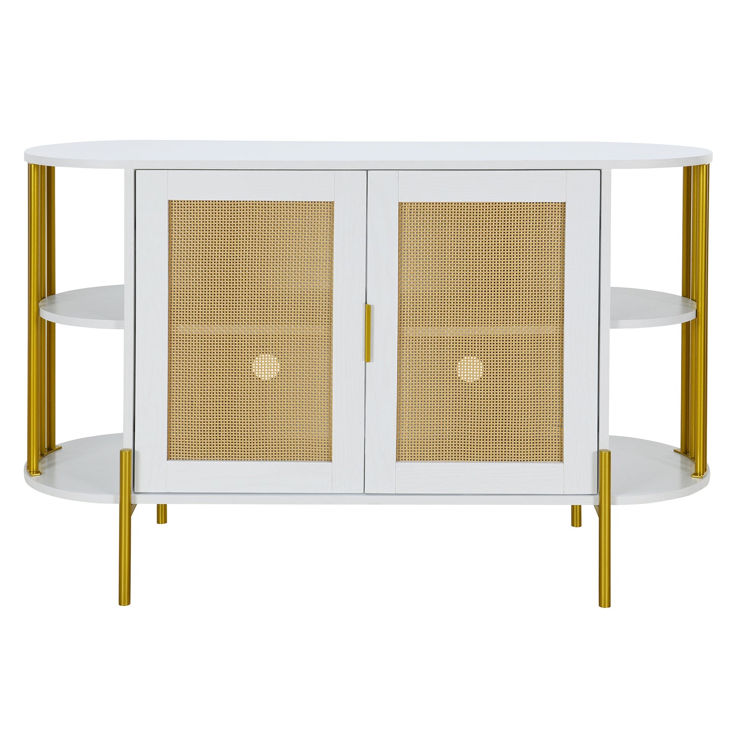 TREXM 2-Door Elegant Curved Dining Cabinet with Gold Trim and Woven Rattan Doors for Dining Room (White)