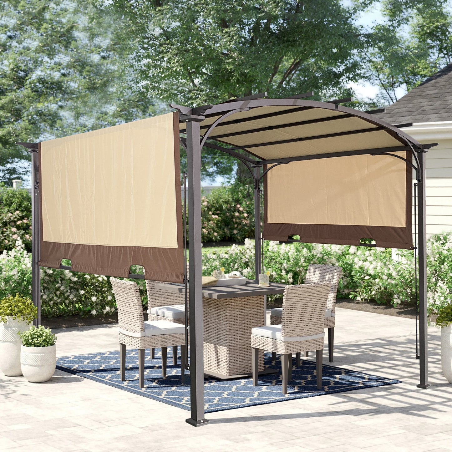 Pergola d'extérieur rétractable de 12 x 9 pieds, auvent arqué, tonnelle avec pare-soleil réglable et imperméable pour terrasse de jardin et pelouse (beige)