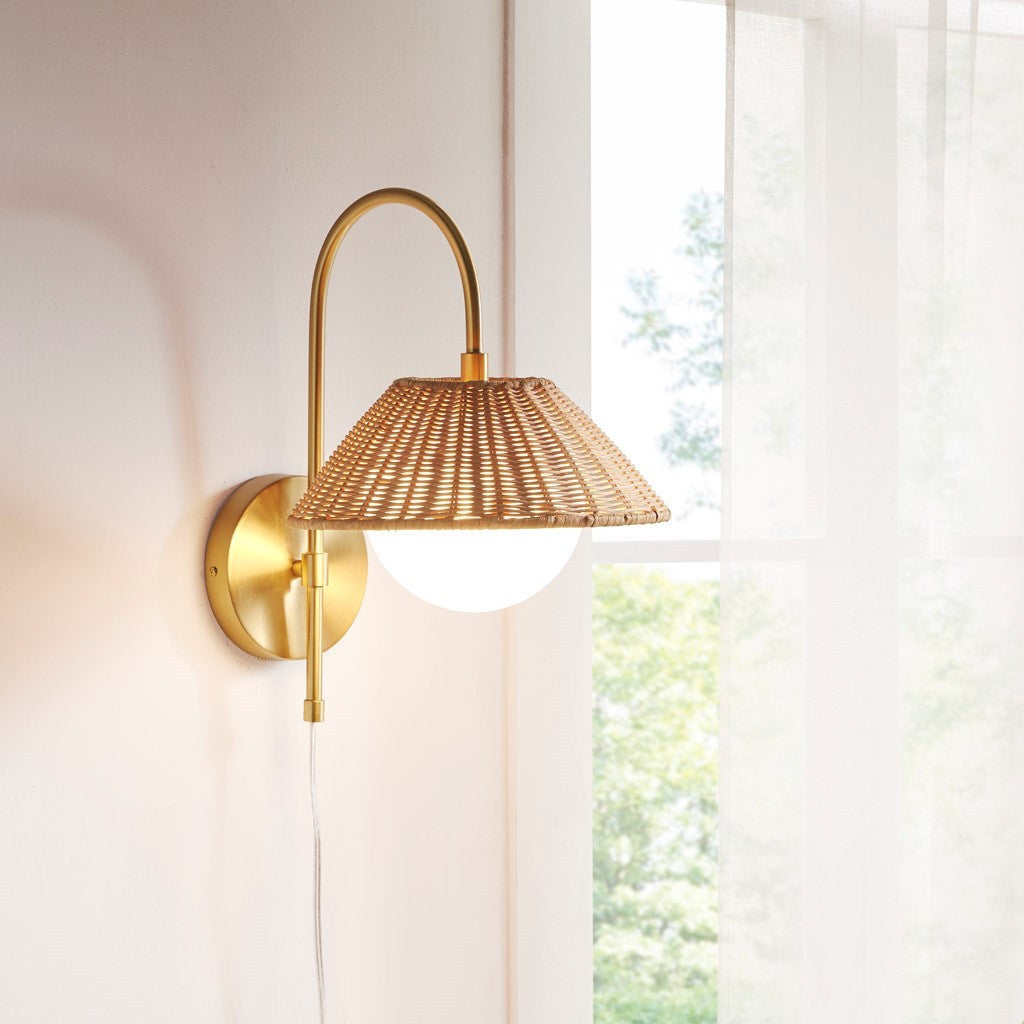 Rattan Weave Wall Sconce in Gold Finish