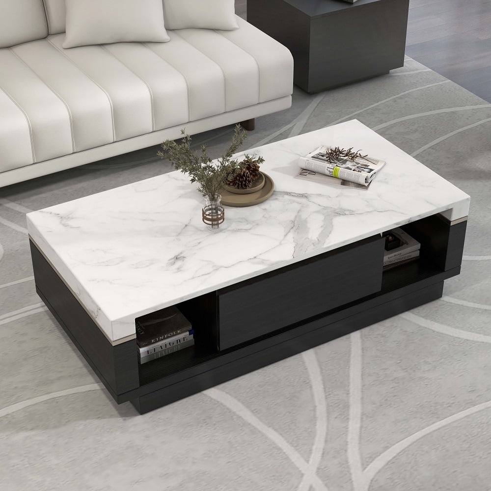 Modern Marble Coffee Table Black & White with Storage & Drawers in Wood