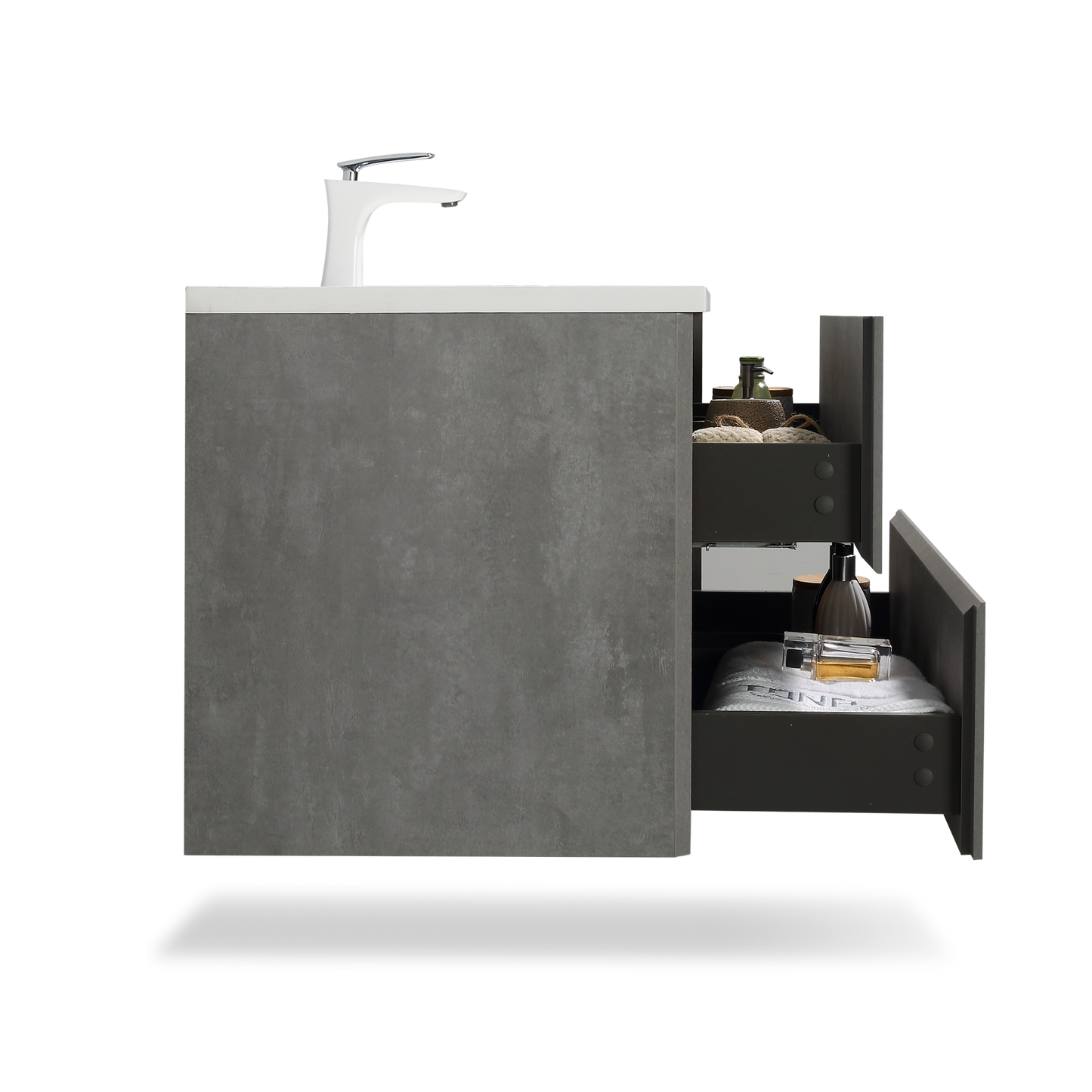 Meuble-lavabo simple mural 36 po en gris cendré avec dessus de meuble-lavabo blanc à surface solide