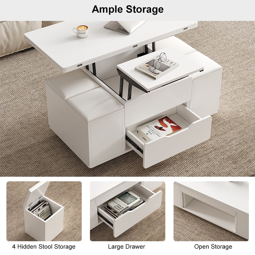 Modern White Lift Top Coffee Table 4 in 1 with Storage Ottoman Foldable and Casters