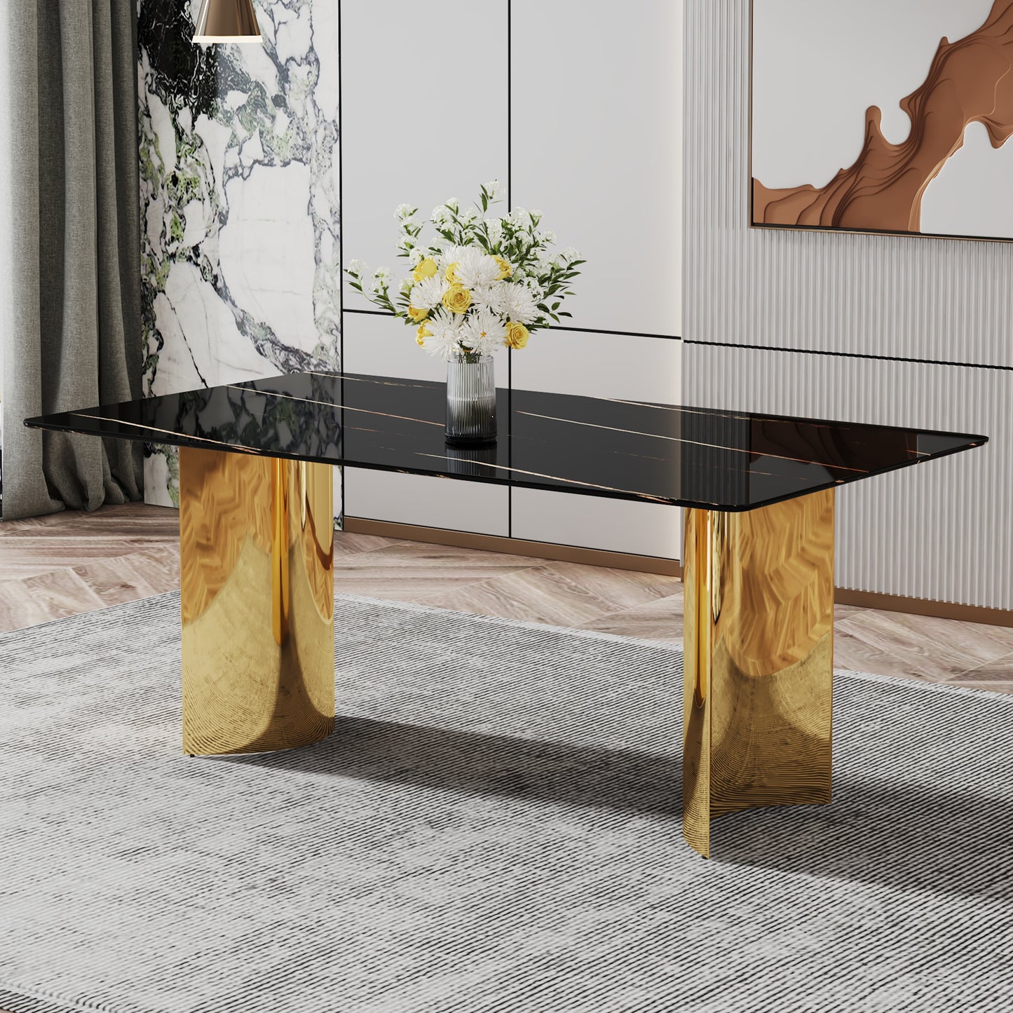 Modern minimalist dining table. The black patterned glass desktop is equipped with golden metal legs. Suitable for restaurants and living rooms  71" *39.3" *29.5"  DT-69