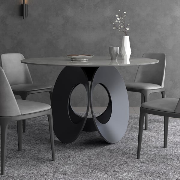 51" Round Gray Dining Table with Stone Top & Carbon Steel Base