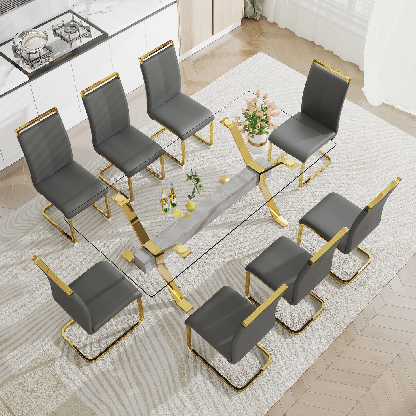 Dining table. Modern tempered glass dining table. Large modern office desk with gold plated metal legs and MDF crossbars, suitable for both home and office use. Kitchen. 79 ''x39''x30 '' 1105