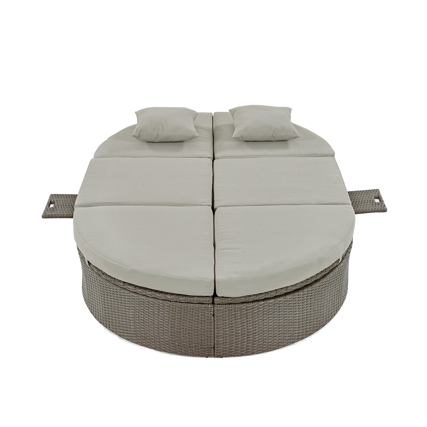 TOPMAX Lit de bronzage d'extérieur pour 2 personnes avec coussins et oreillers, chaise longue inclinable de jardin en rotin avec dossiers réglables et plateaux à tasses pliables pour pelouse, bord de piscine, gris