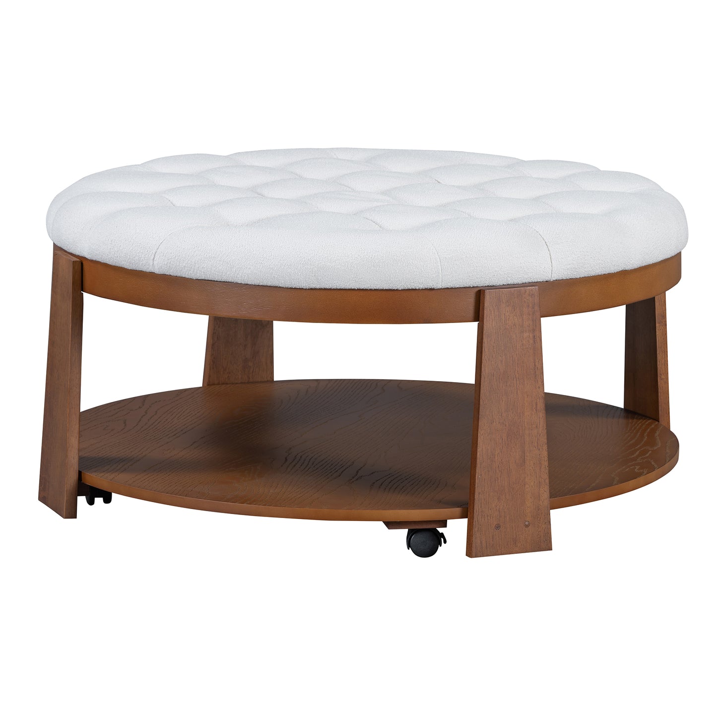 Modern Large Round Ottoman Coffee Table 2-Tier Oversized Button Tufted Ottoman with Wood Shelf Storage Upholstered Coffee Table for Living Room Footrest Ottoman with wheel, waterproof Linen