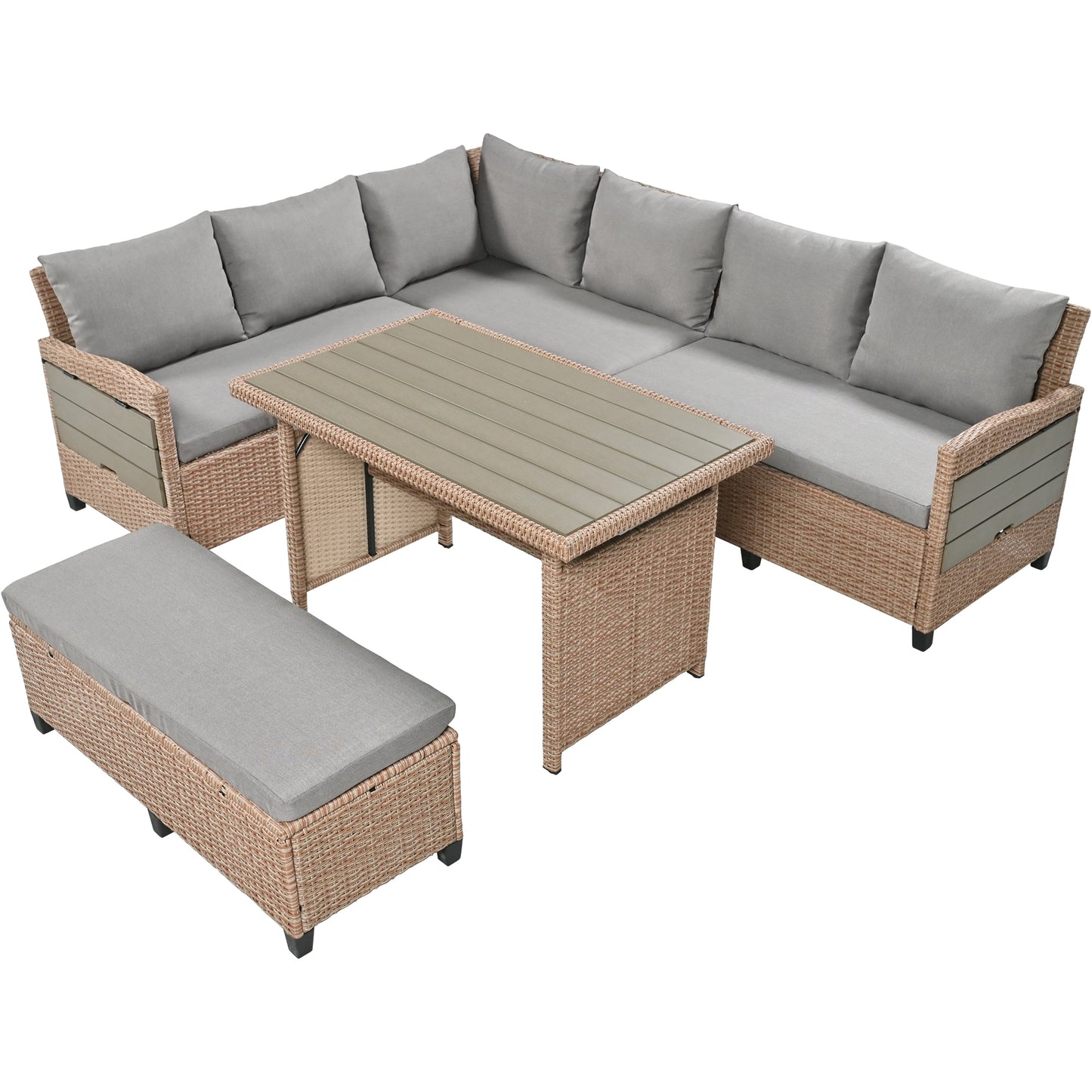TOMAX 5-Piece Outdoor Patio Rattan Sofa Set, Sectional PE Wicker L-Shaped Garden Furniture Set with 2 Extendable Side Tables, Dining Table and Washable Covers for Backyard, Poolside, Indoor, Brown