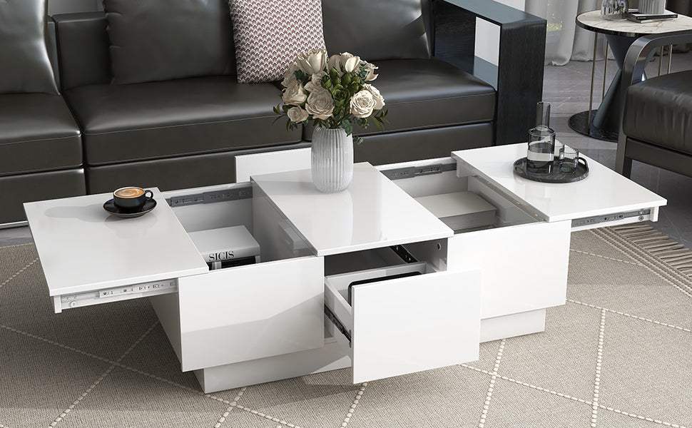 [VIDÉO fournie] Table basse ON-TREND avec 2 grands compartiments de rangement cachés, table de cocktail extensible avec 2 tiroirs, table centrale brillante avec plateau coulissant pour le salon, 39,3" x 21,6", blanc