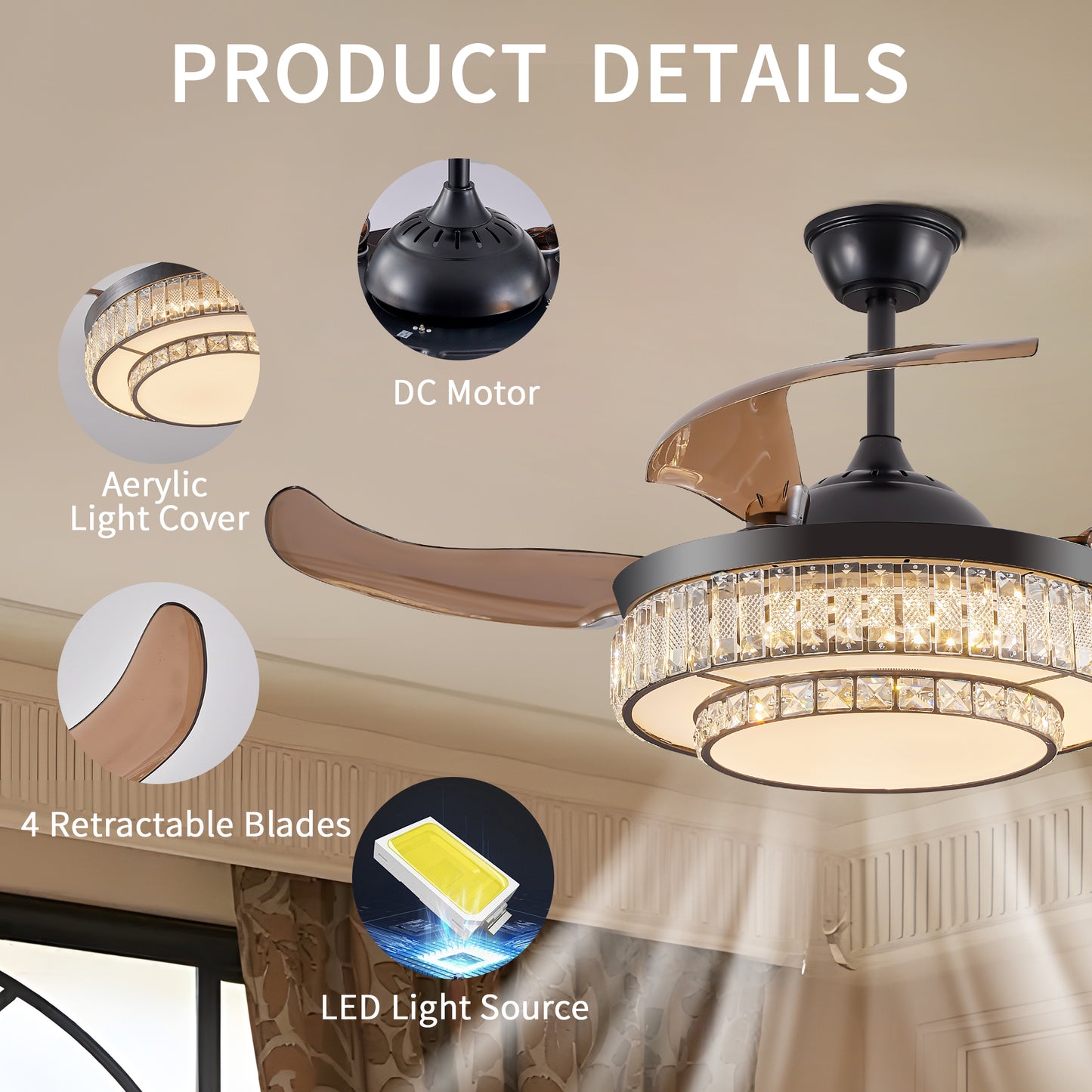 Stylish Retractable Ceiling Fan with LED Light - 4-Blade Design, Remote Control