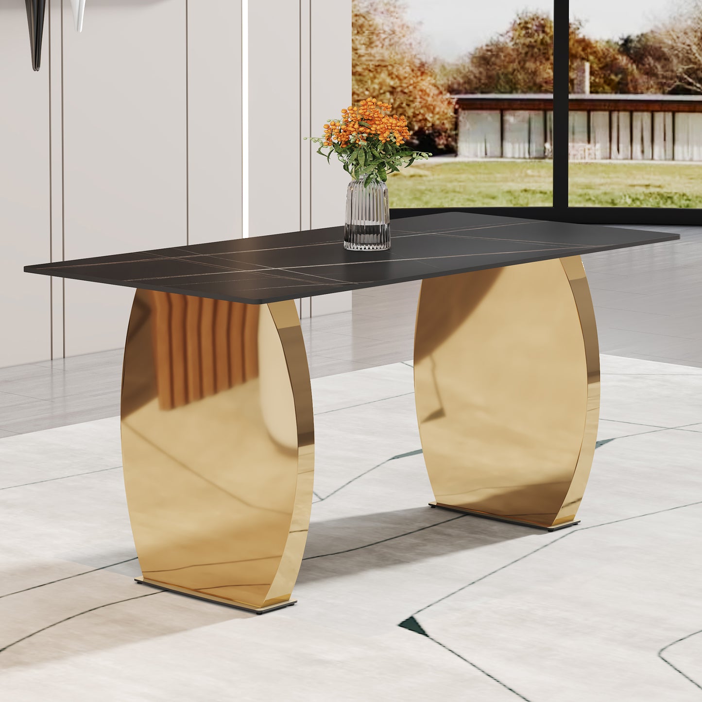 Stylish 63" Rectangular Table with Black Patterned Top and Gold Legs - Perfect for Dining Room and Living Space