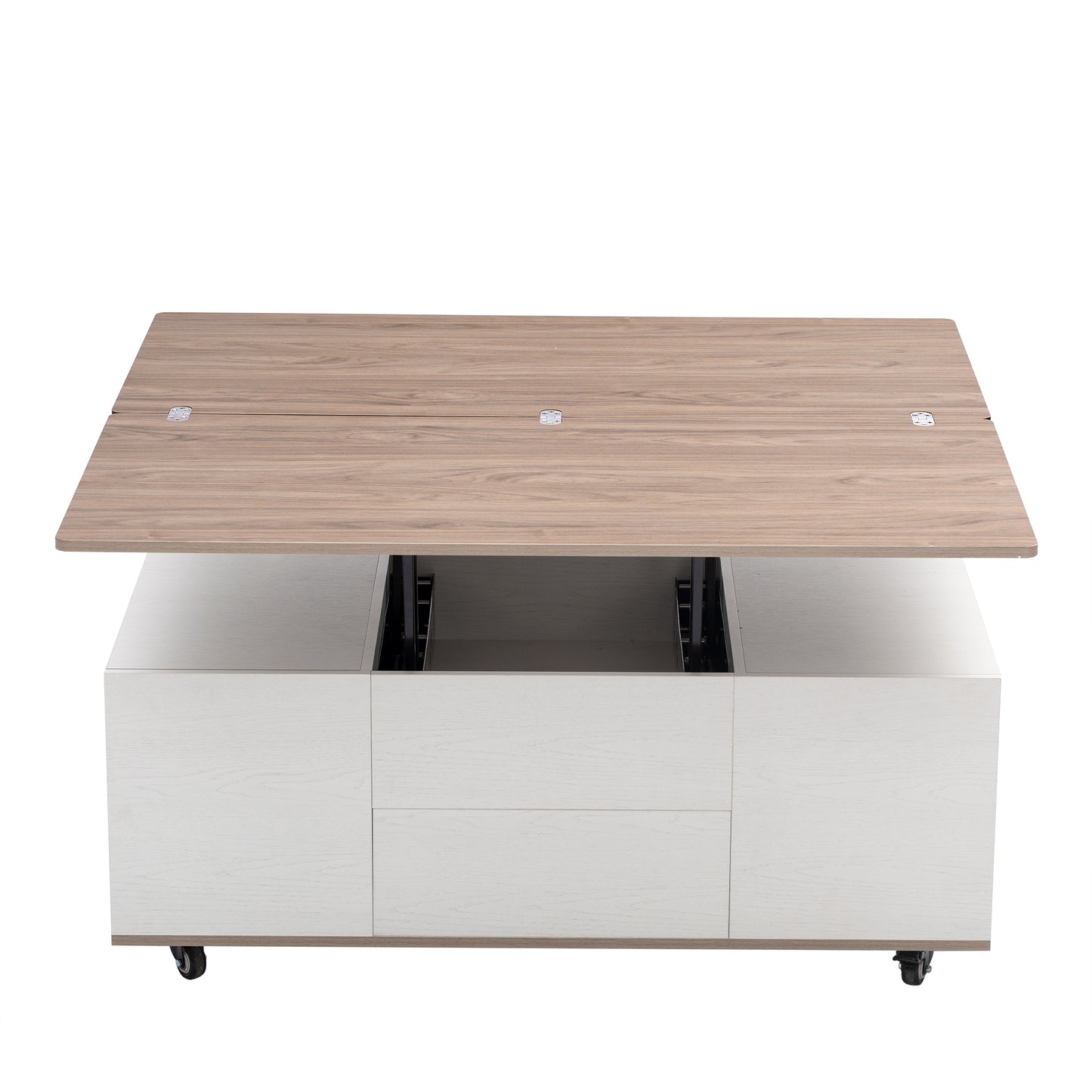 Modern Walnut & White Lift Top Coffee Table Multifunctional Table with Drawers & Shelves