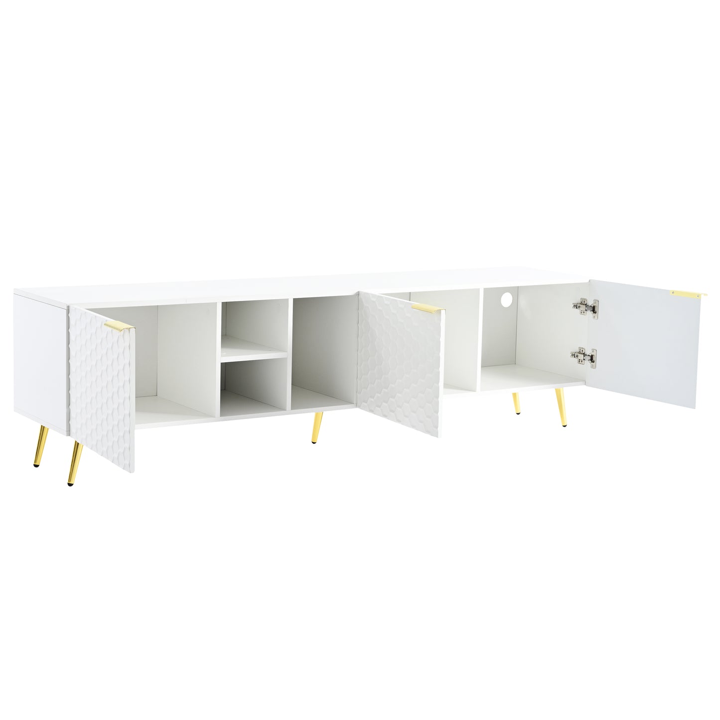 ON-TREND Modern Minimalist Geometric TV Cabinet with Metal Handles and Gold Legs for TVs Up to 80'', Multi-functional TV Stand with Storage Cabinets, Entertainment Center for Living Room, White